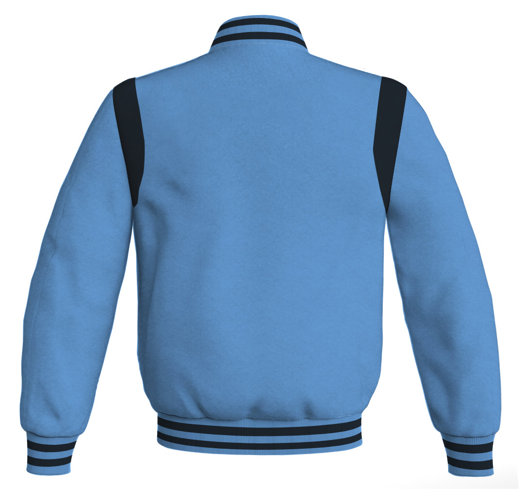 Sky blue Letterman baseball bomber jacket with black leather inserts.