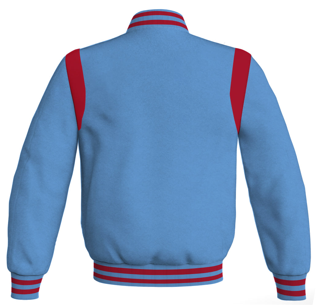 Sky blue Letterman baseball bomber jacket with red leather inserts.