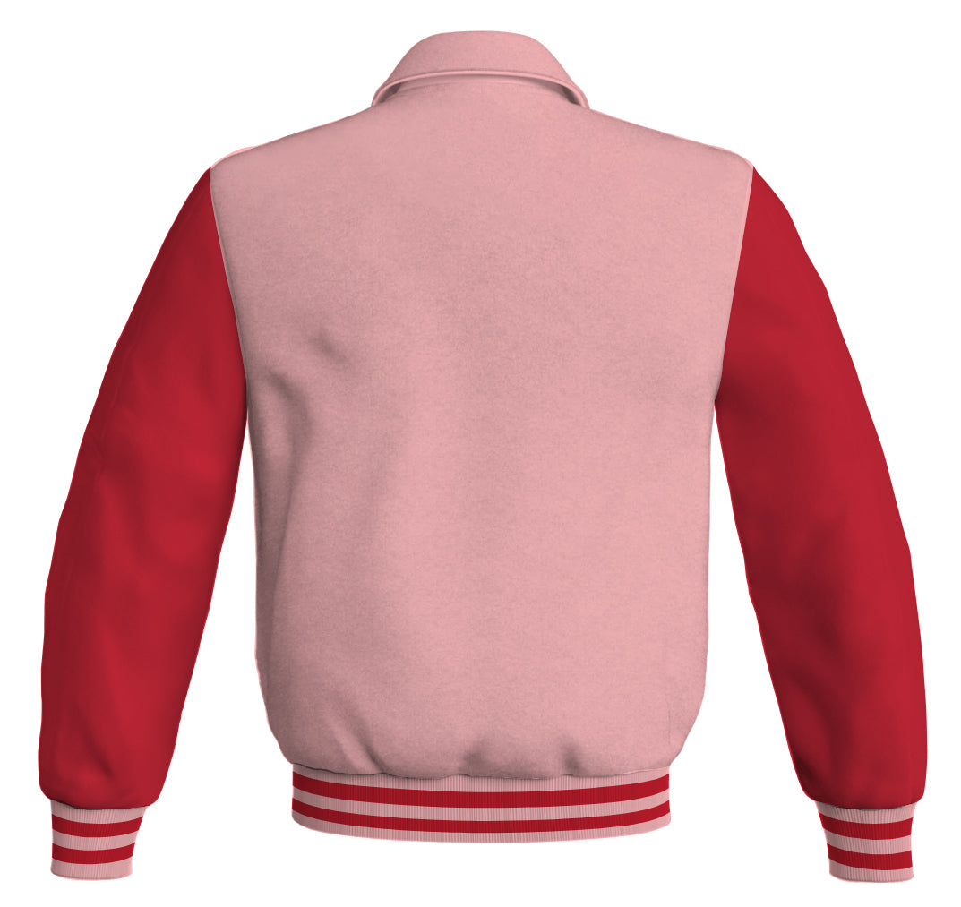 Bomber Classic Jacket: Pink body, red leather sleeves. Stylish and trendy outerwear for a fashionable look.