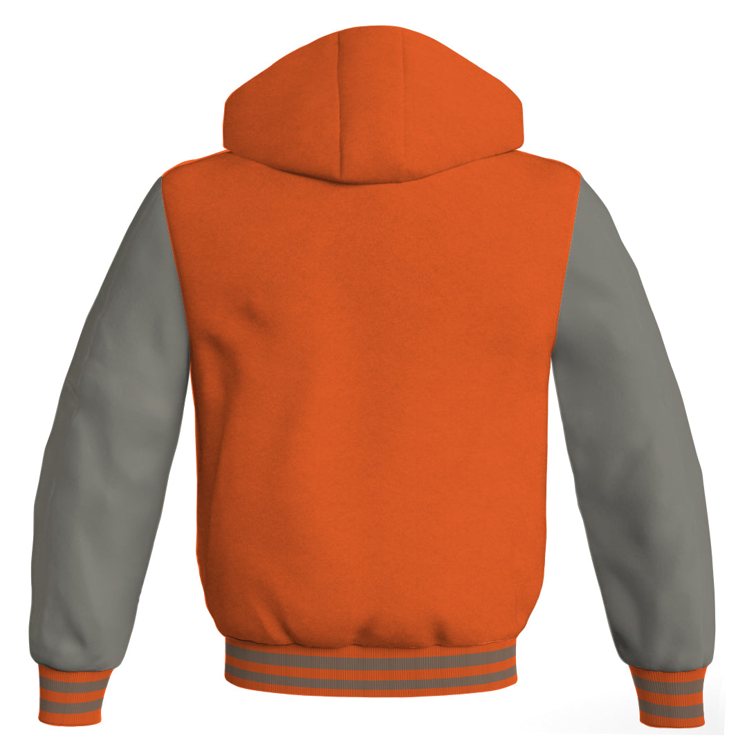 Hooded Bomber Women Orange Body and Gray Leather Sleeves Custom Hoodies