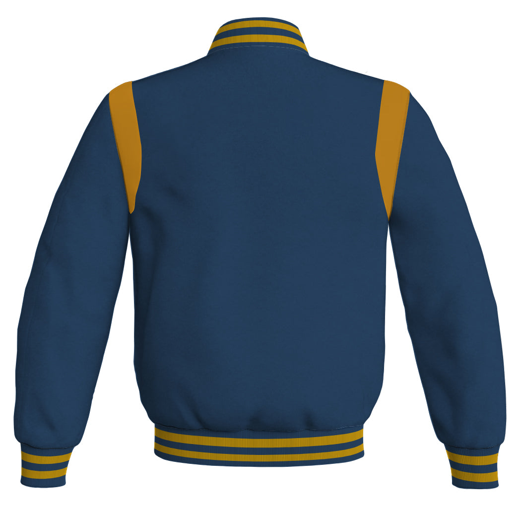 Letterman Baseball Bomber Jacket: Navy Blue Body with Golden Leather Inserts. Retro style.