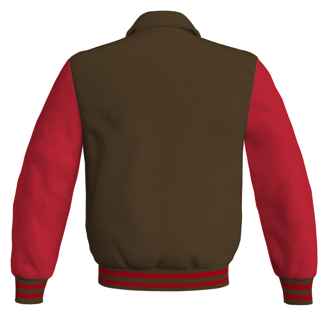 Classic bomber jacket in brown with red leather sleeves.
