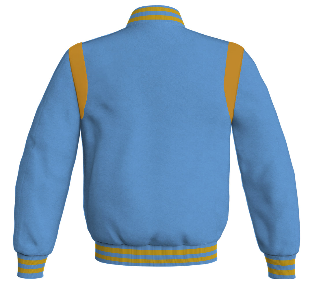 Retro style bomber jacket in sky blue with golden leather accents.