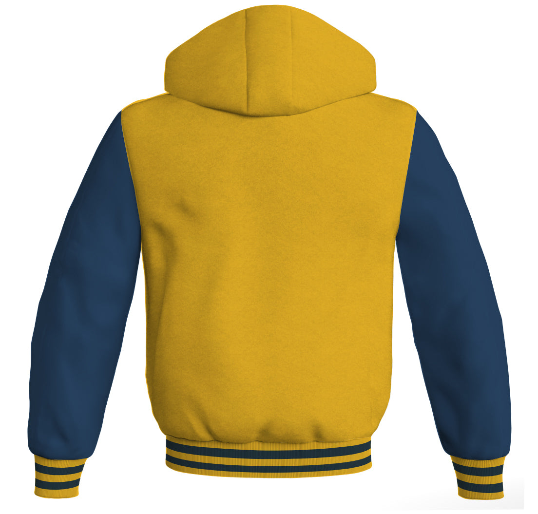 Letterman Bomber Hoodie Jacket Yellow/Gold Body Navy Blue Leather S
