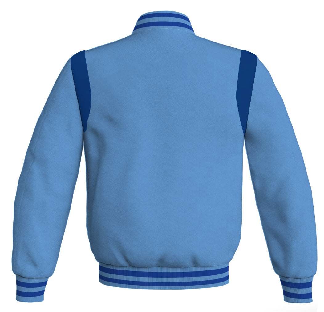 Letterman Baseball Bomber Jacket with Sky Blue Body and Blue Leather Inserts.