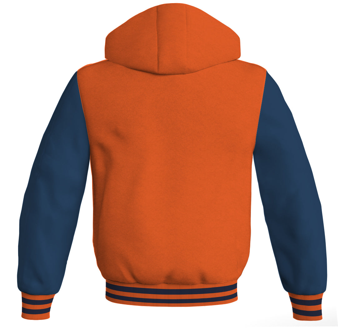 Letterman Hoodie Orange Body and Navy Blue Leather Sleeves Varsity Hoodie