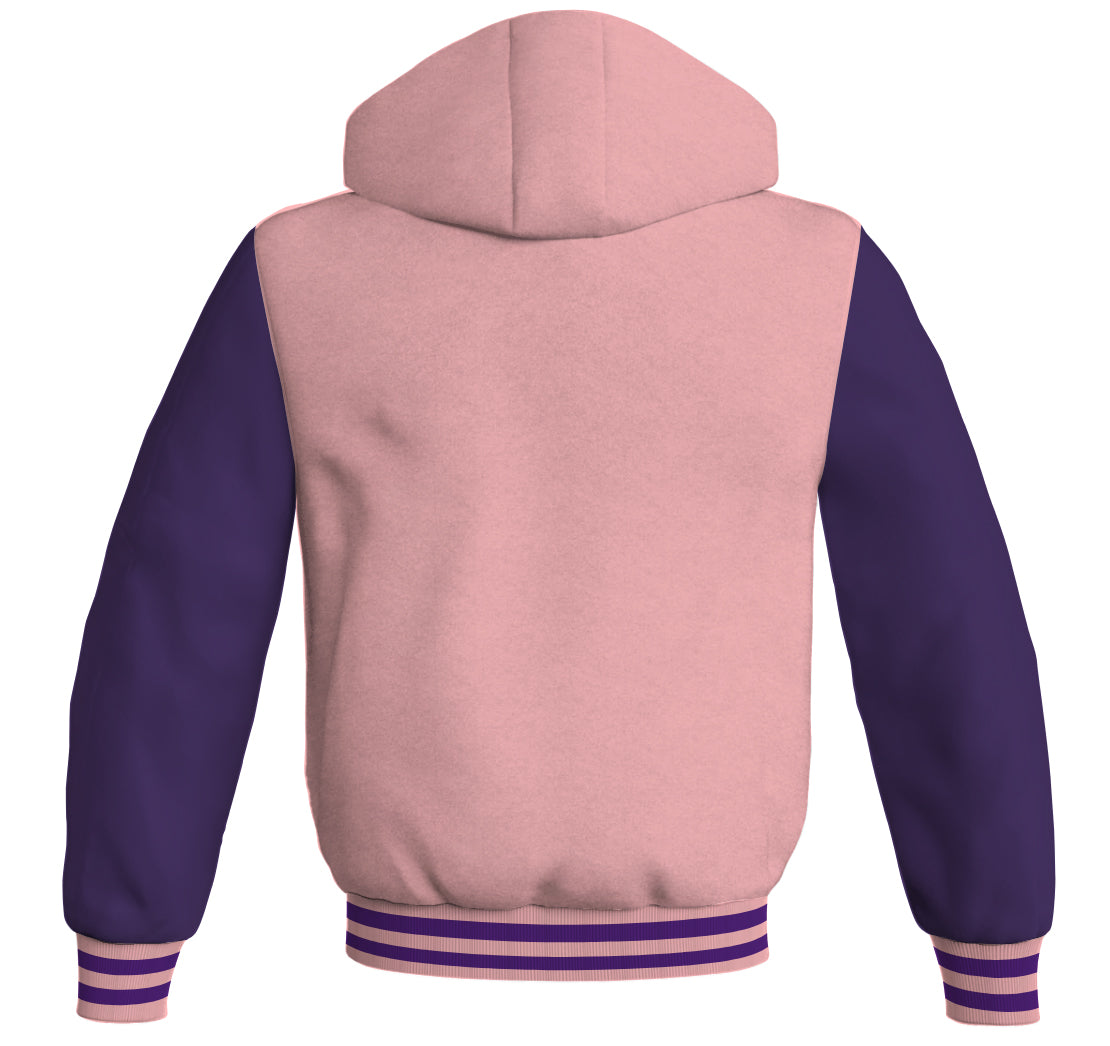 Letterman Hoodie Pink Body and Purple Leather Sleeves Varsity Hoodie