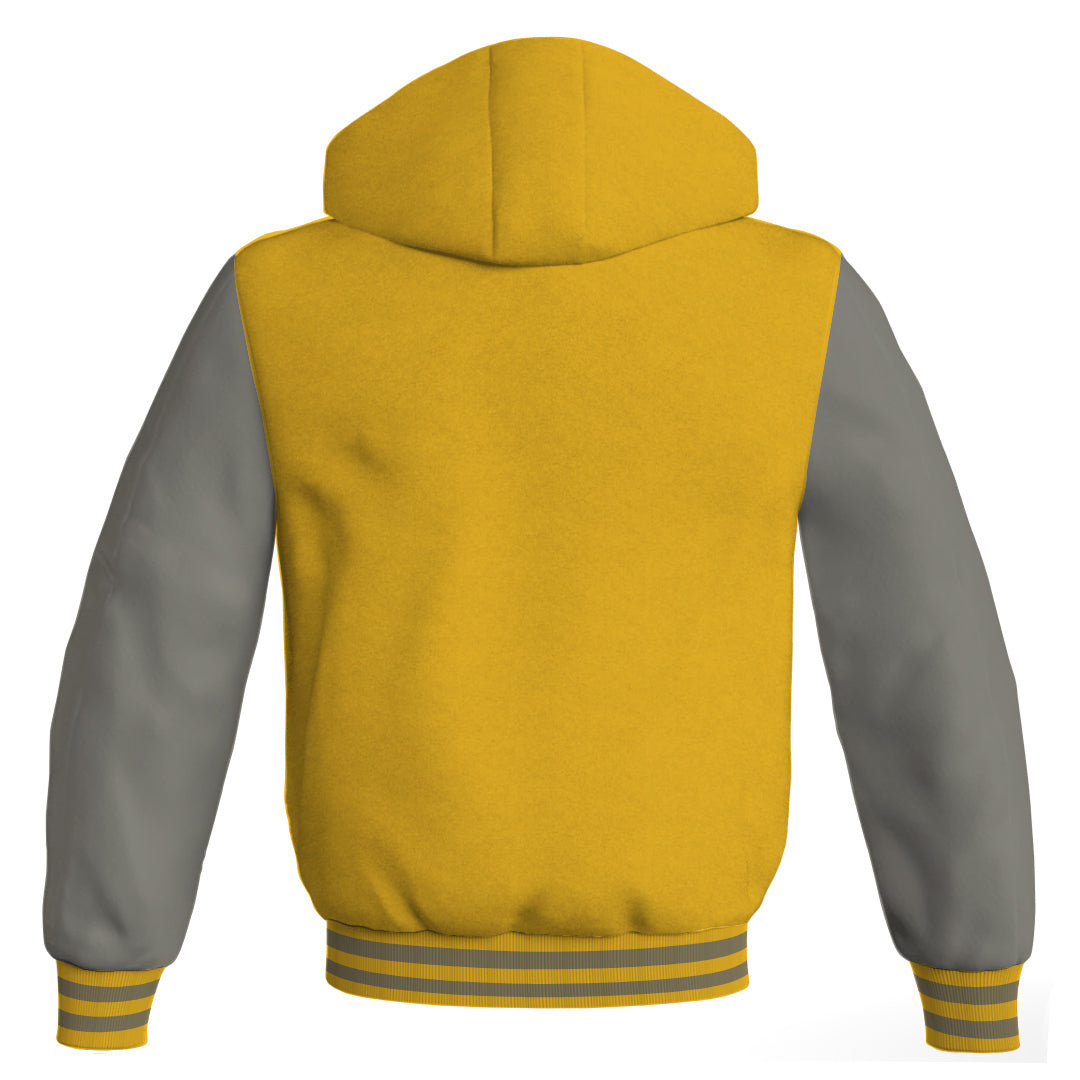 Hooded Bomber Women Yellow/Gold Body and Gray Leather Sleeves Custom Hoodies