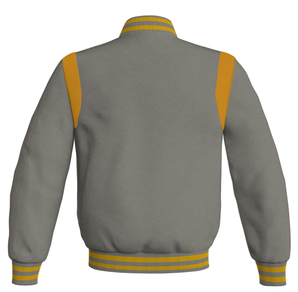 Letterman Baseball Bomber Jacket: Gray body with golden leather inserts. Retro style.