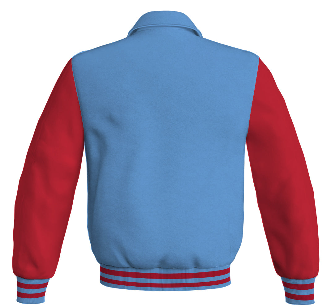 Fashionable bomber jacket with a sky blue body and vibrant red leather sleeves.