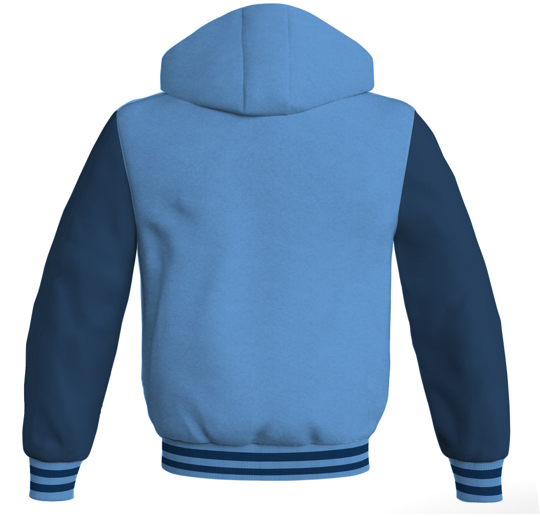 Letterman Hoodie Sky Blue Body and Navy Blue Leather Sleeves Varsity Hoodie