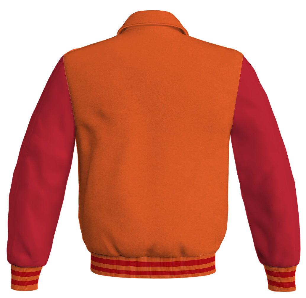 Bomber jacket with orange body and red leather sleeves