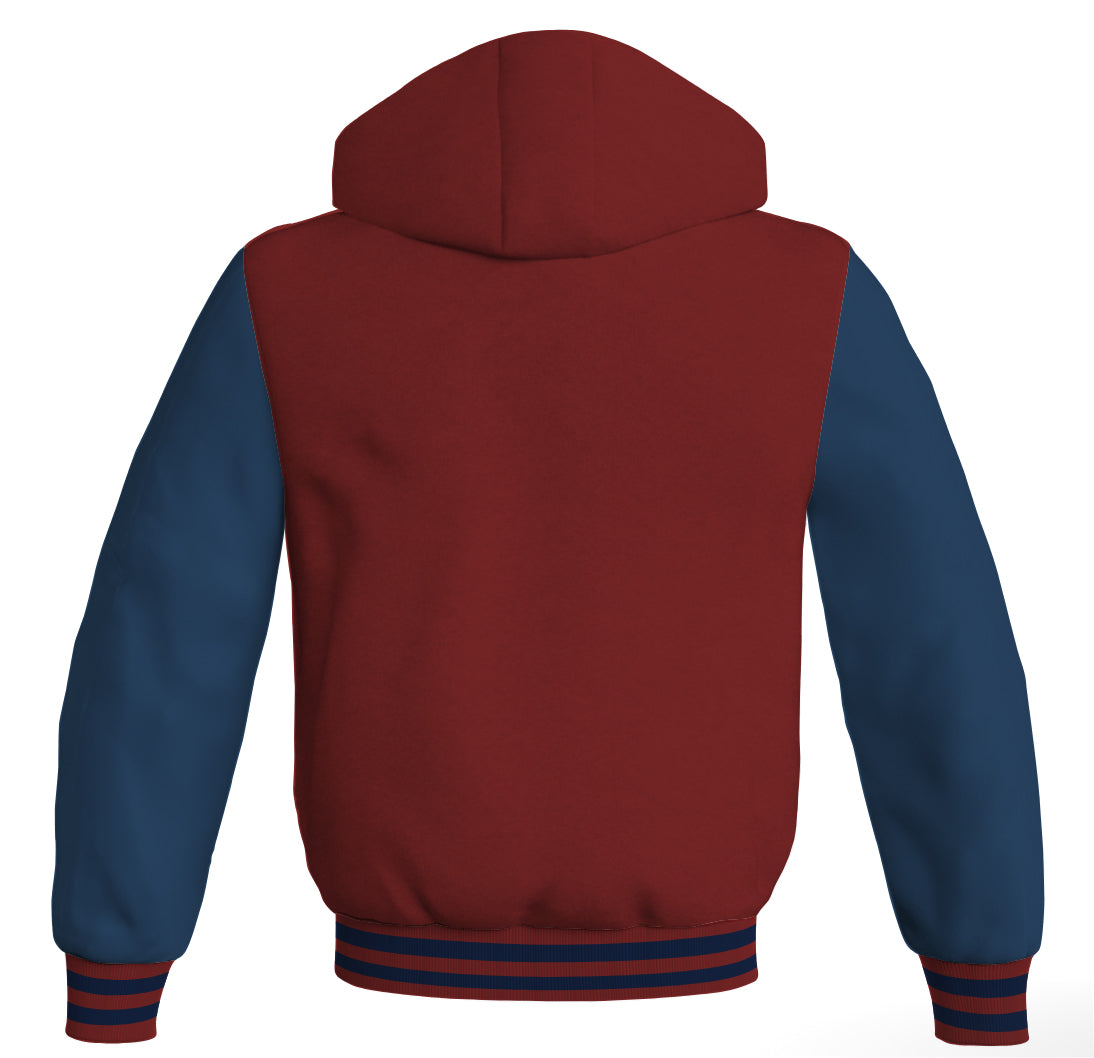 Letterman Hoodie Maroon Body and Navy Blue Leather Sleeves Varsity Hoodie