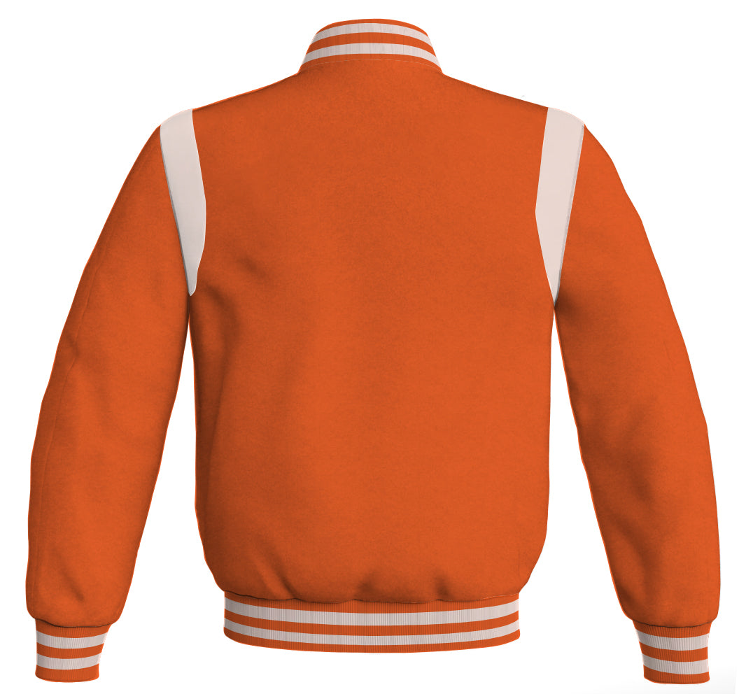 Letterman Baseball Bomber Jacket: Orange body with white leather inserts. Retro style.