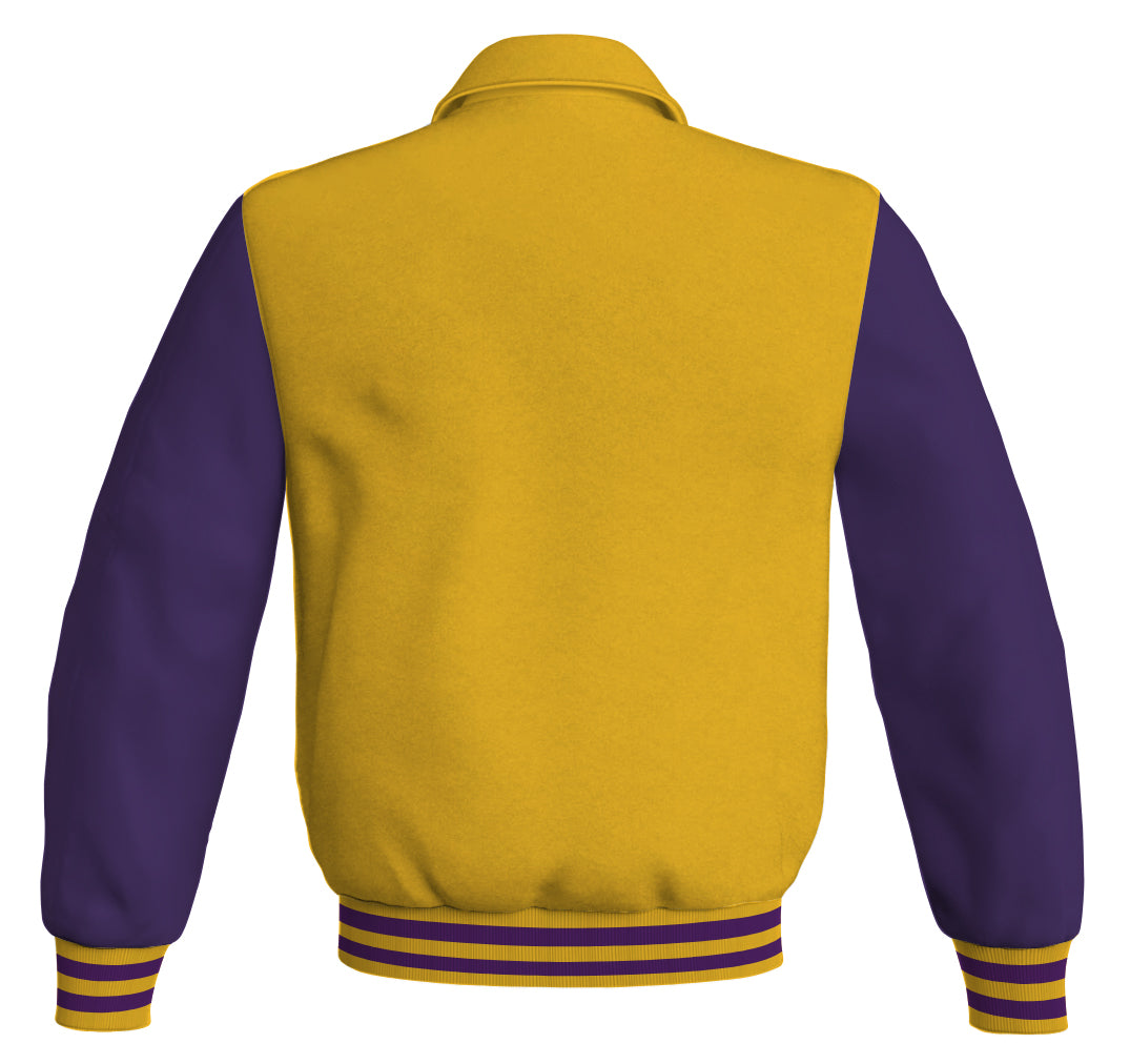 Bomber jacket with yellow/gold body and purple leather sleeves.