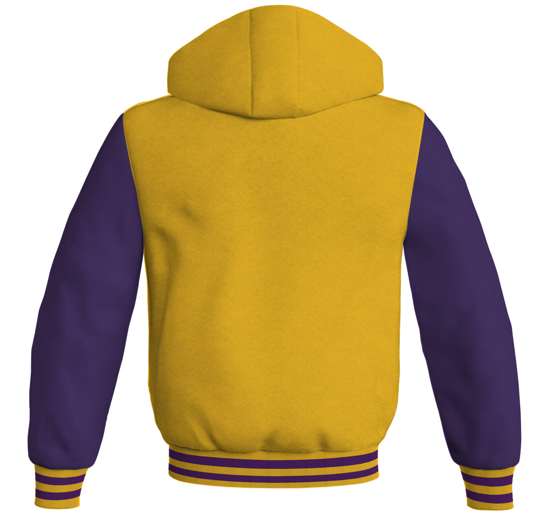 Letterman Bomber Hoodie Jacket Yellow/Gold Body Purple Leather 