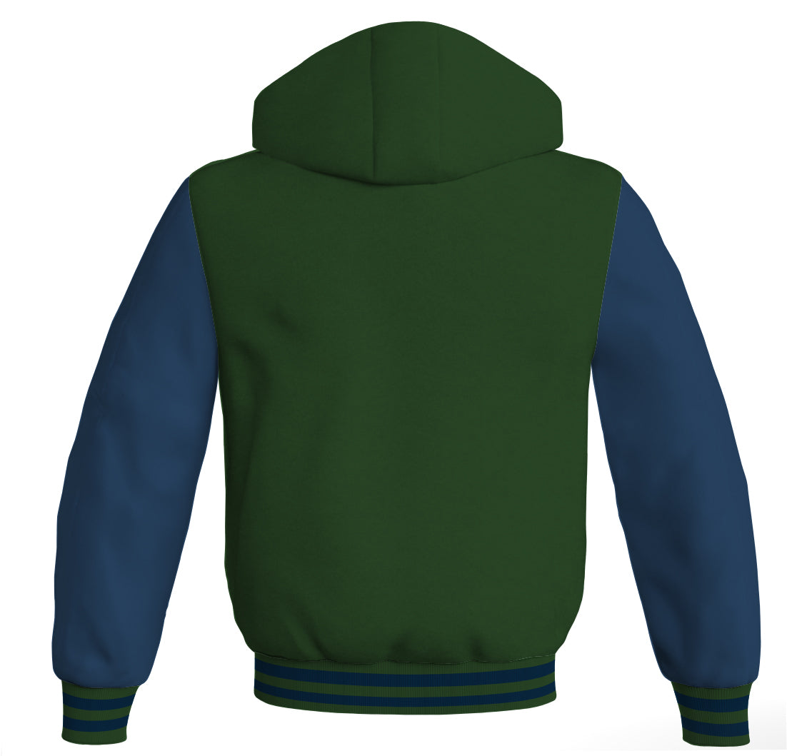 Hoodie Jackets Forest Green Body and Navy Blue Leather Sleeves Bomber Jacket