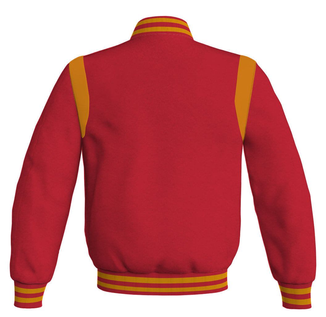 Letterman Baseball Bomber Jacket: Red body with golden leather inserts. Retro style.