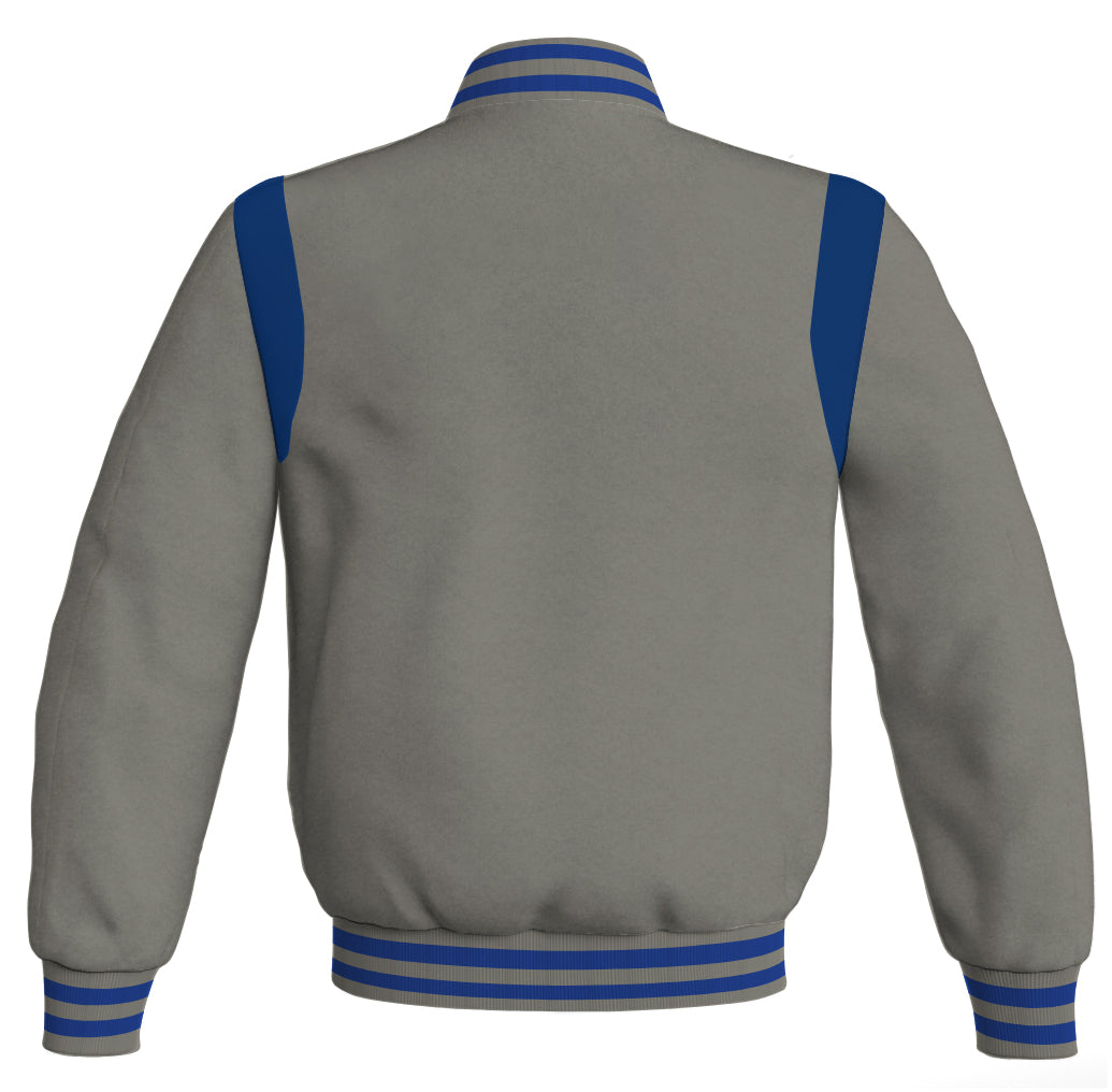 Retro style gray jacket with blue leather accents.