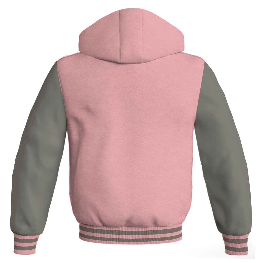 Hooded Bomber Women Pink Body and Gray Leather Sleeves Custom Hoodies