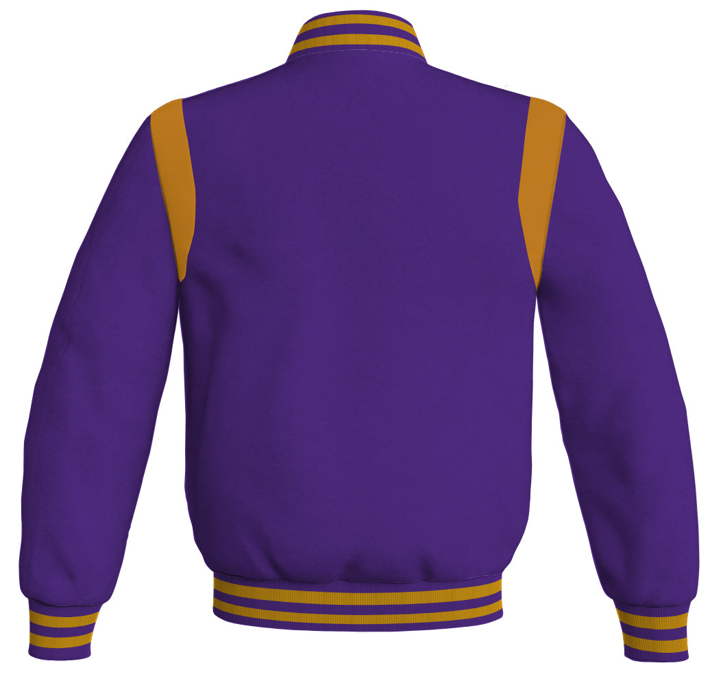 Retro purple Letterman baseball bomber jacket with golden leather inserts.