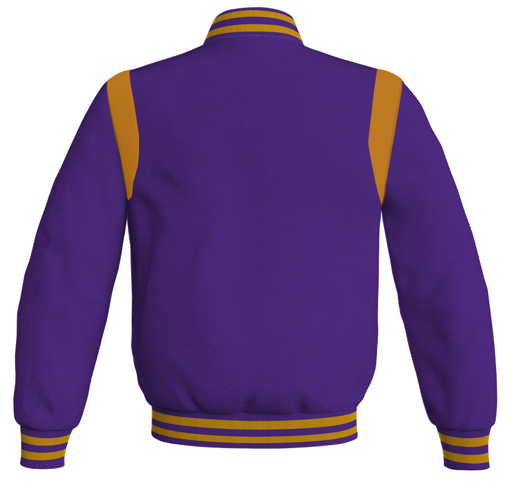  Retro purple Letterman baseball bomber jacket with golden leather inserts.