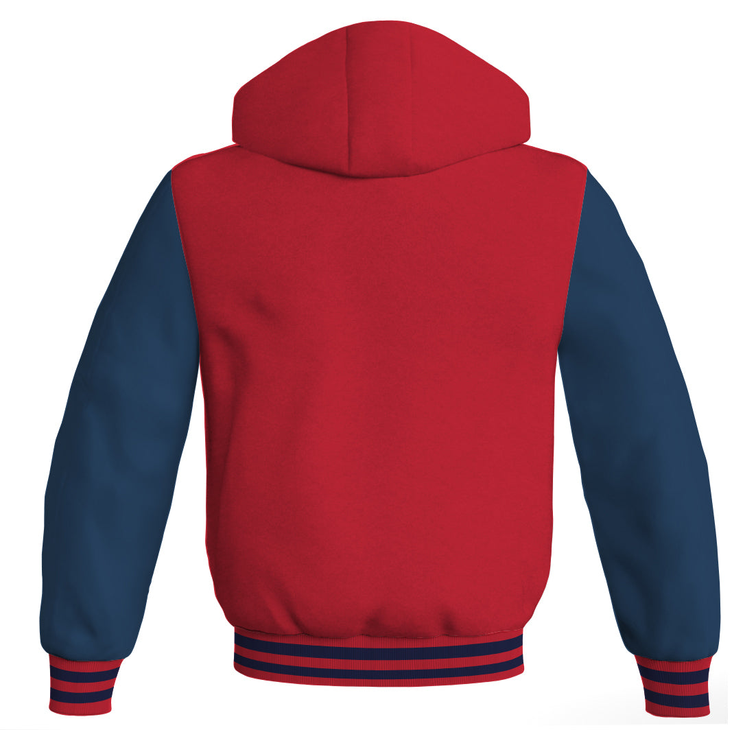 Letterman Bomber Hoodie Jacket Red Body Navy Blue Leather 
