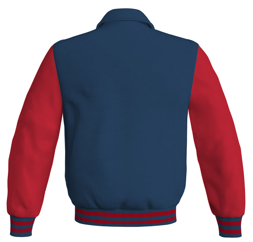 Bomber Classic Jacket: Navy blue body with red leather sleeves. Stylish and timeless design.