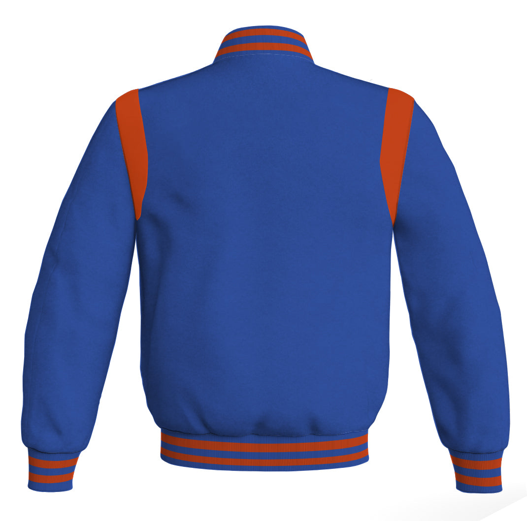 Retro Letterman baseball bomber jacket in royal blue with orange leather inserts.