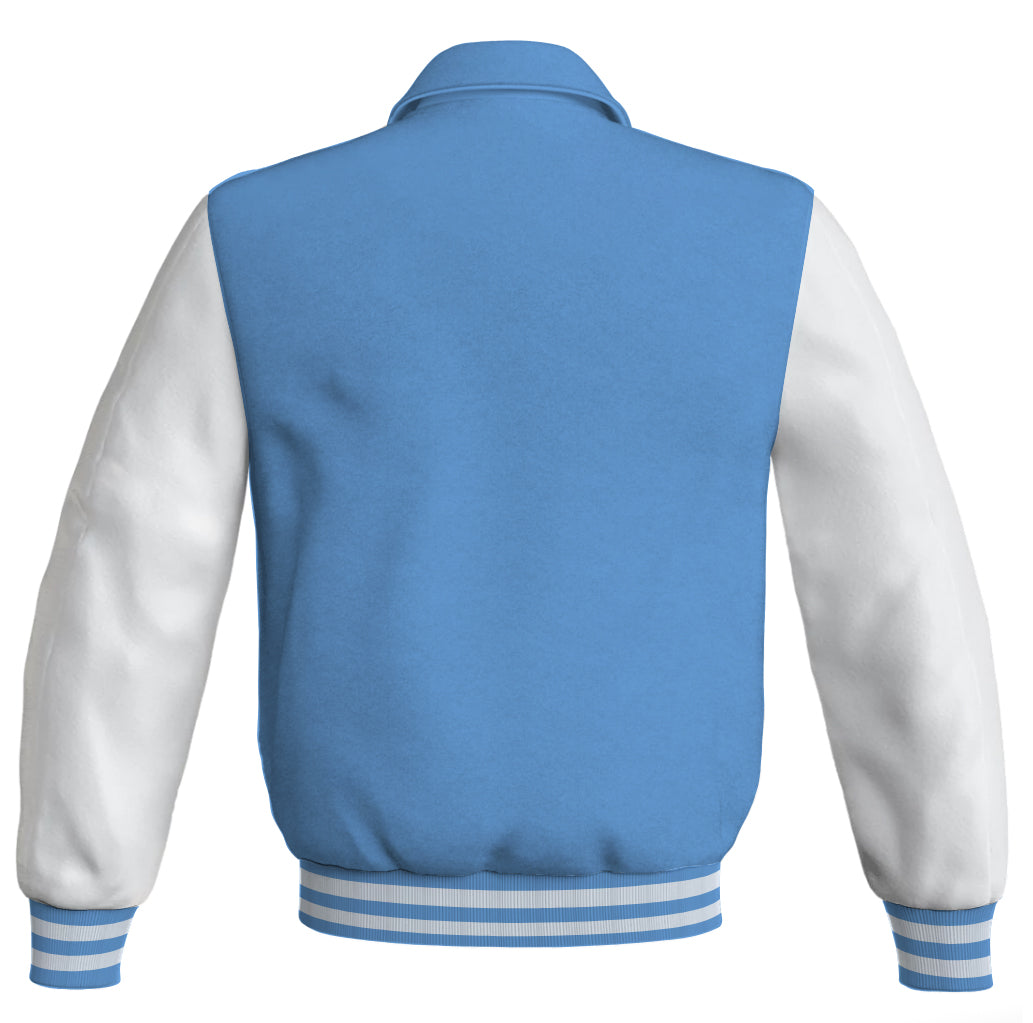 Luxury Bomber Classic Jacket Sky Blue Body and White Leather