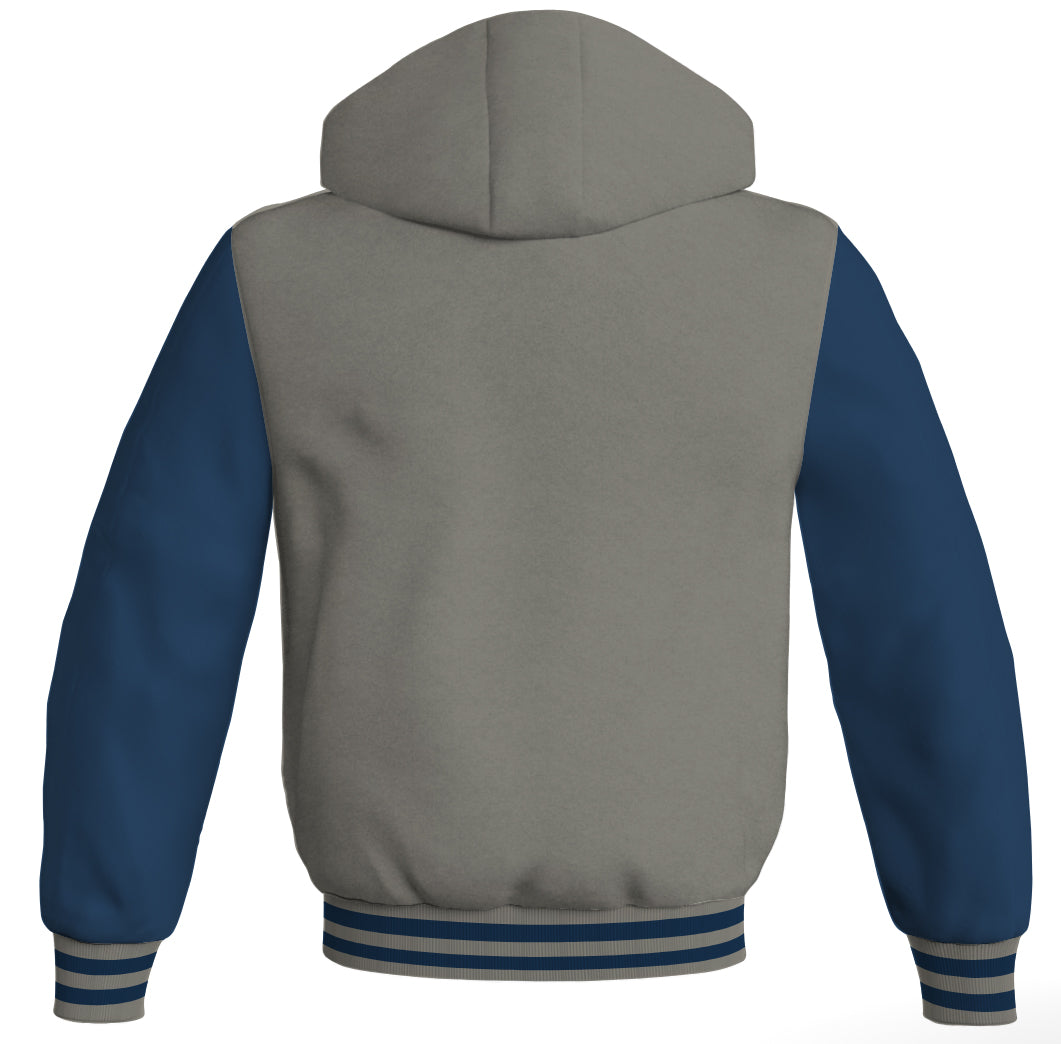 Letterman Hoodie Gray Body and Navy Blue Leather Sleeves Varsity Hoodie