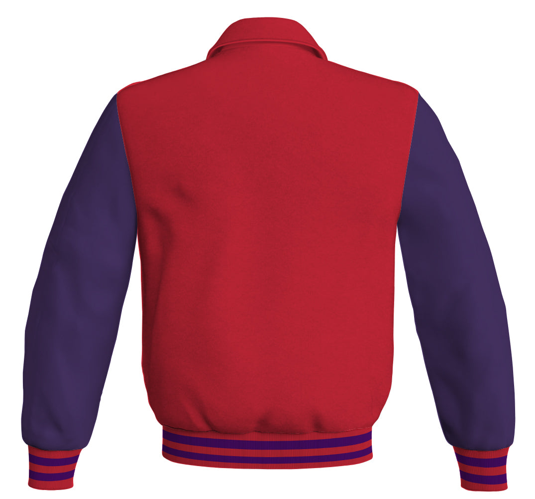 Red bomber jacket with purple leather sleeves.