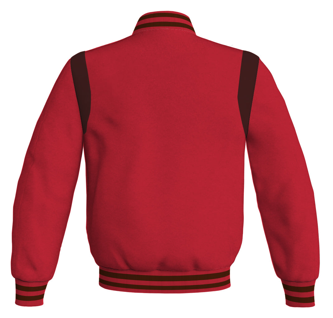 Red Letterman baseball bomber jacket with brown leather inserts.