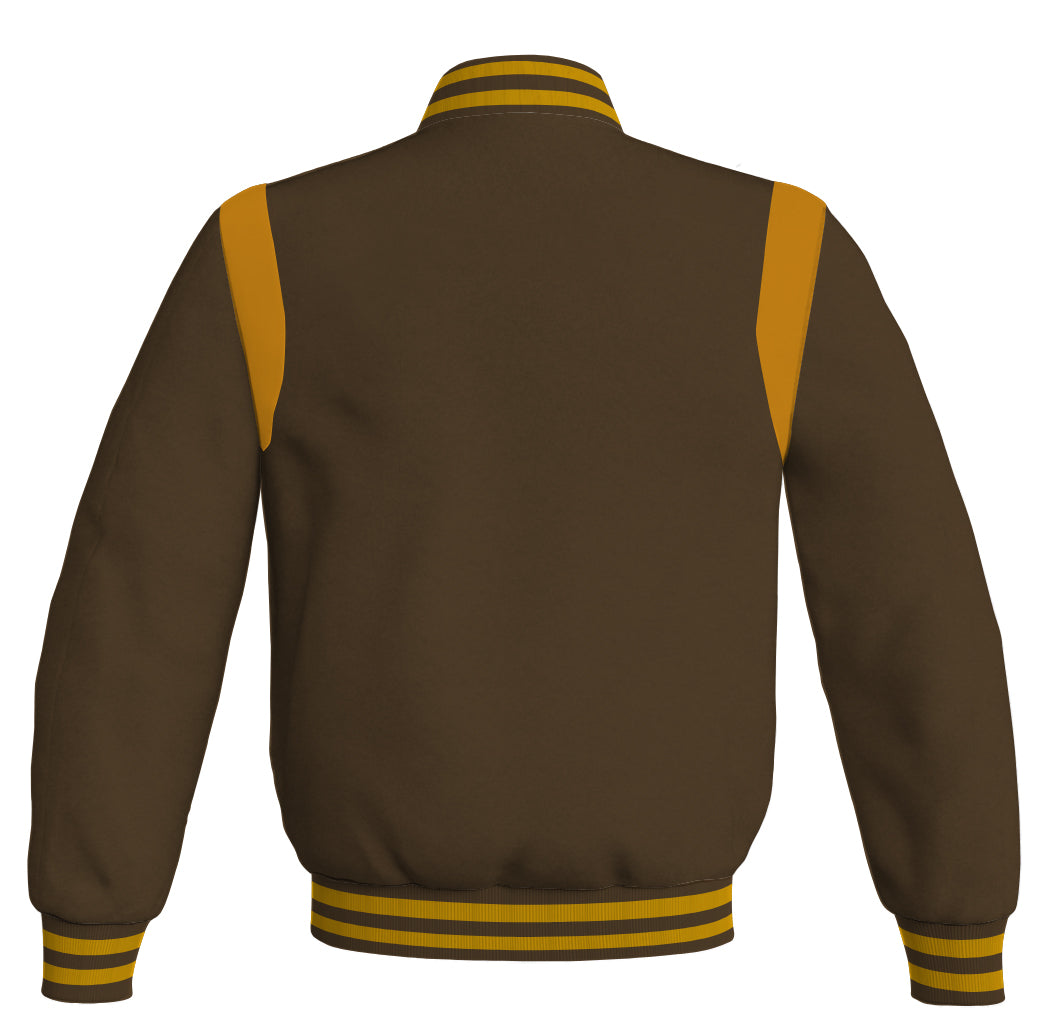 Retro brown Letterman baseball bomber jacket with golden leather inserts.