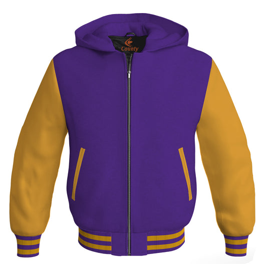 Letterman Bomber Hoodie Jacket Purple Body Gold Leather Sleeves