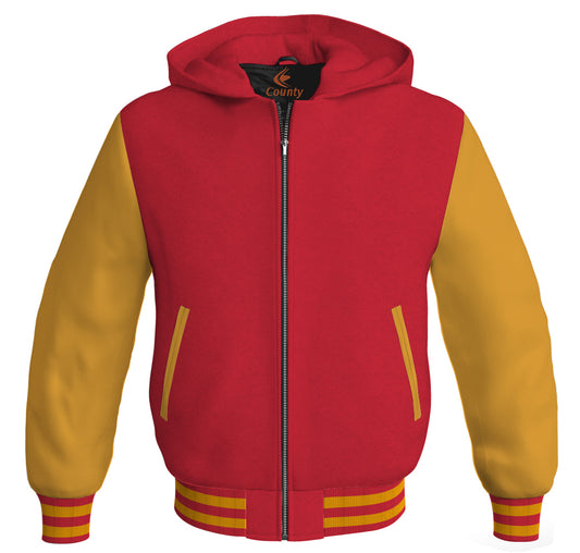 Letterman Bomber Hoodie Jacket Red Body Gold Leather Sleeves