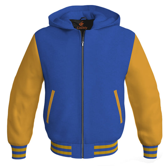 Letterman Bomber Hoodie Jacket Royal Blue Body Gold Leather Sleeves