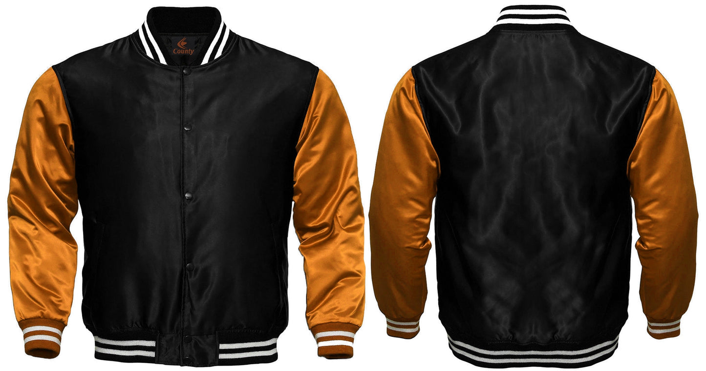 Baseball College Varsity Bomber Super Jacket Sports Wear Black Orange Satin