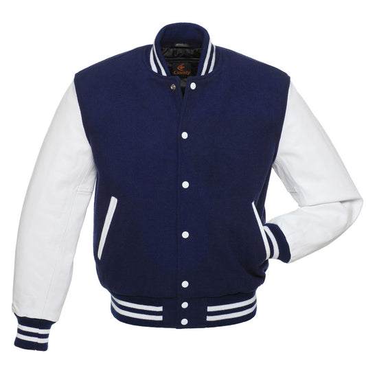 Luxury Navy Blue Body and White Leather Sleeves Varsity College Jacket