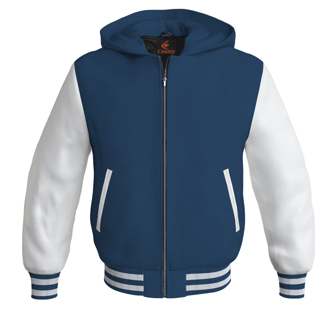 Letterman Hoodie Navy Blue Body and White Leather Sleeves Varsity Hoodie