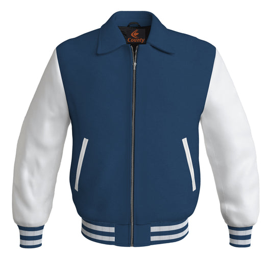 Luxury Bomber Classic Jacket Navy Blue Body and White Leather Sleeves