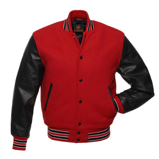 Luxury Red Body and Black Leather Sleeves Varsity College Jacket