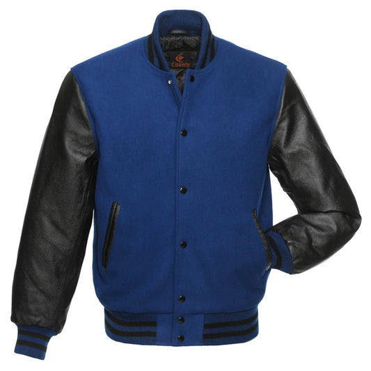 Luxury Royal Blue Body and Black Leather Sleeves Varsity College Jacket