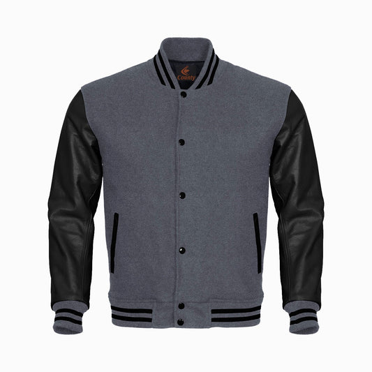 Luxury Gray Body and Black Leather Sleeves Varsity College Jacket