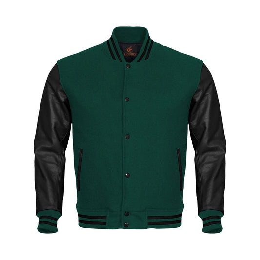 Luxury Green Body and Black Leather Sleeves Varsity College Jacket