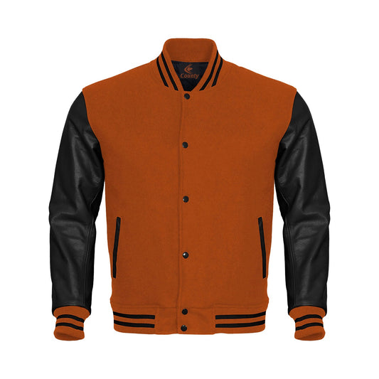 Luxury Orange Body and Black Leather Sleeves Varsity College Jacket