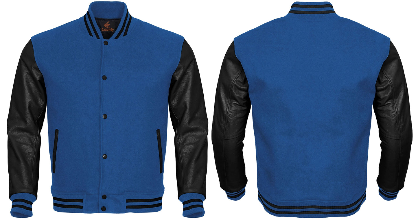 Team Varsity Jackets Blue Body and Black Leather Sleeves Varsity Jacket