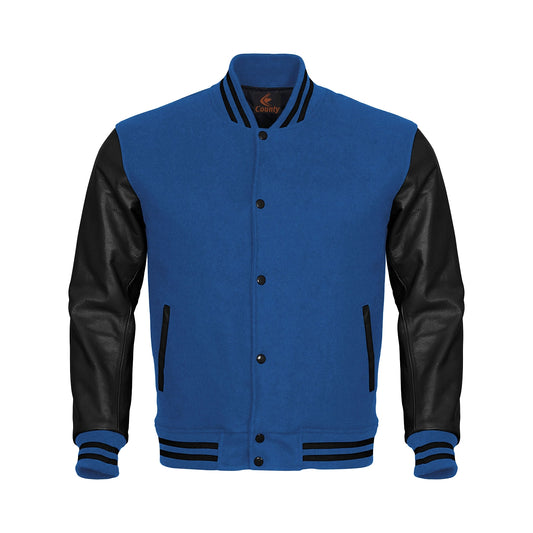 Luxury Blue Body and Black Leather Sleeves Varsity College Jacket