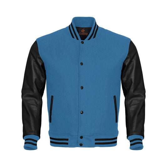 Luxury Sky Blue Body and Black Leather Sleeves Varsity College Jacket