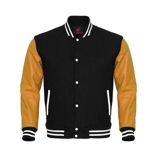 Luxury Black Body and Gold Leather Sleeves Varsity College Jacket